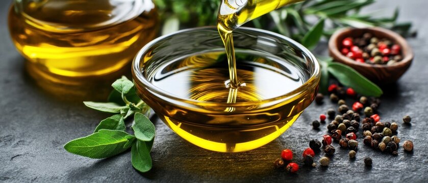 Pouring Olive Oil into a Glass Bowl with Spices