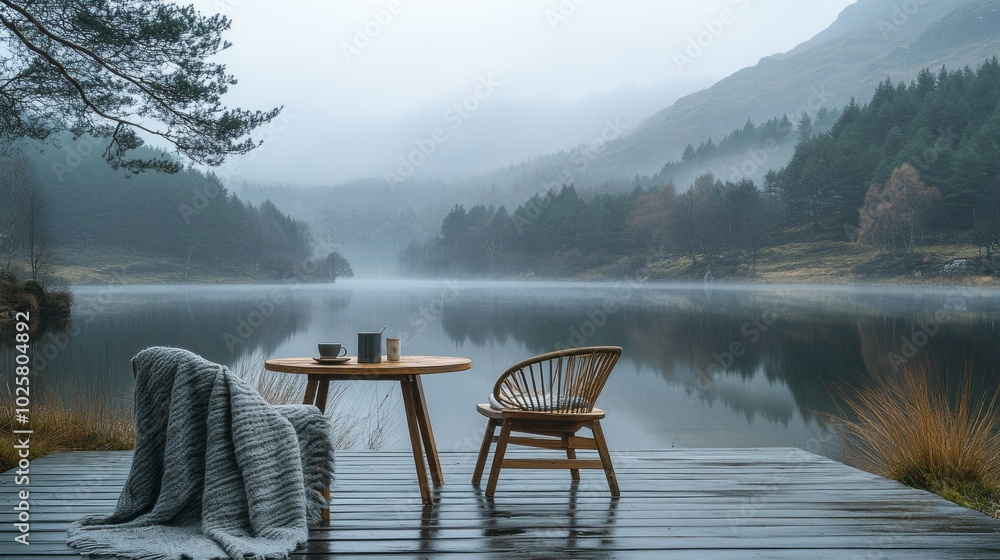 Poster a wooden table with a chair and a blanket on it is set up by a lake