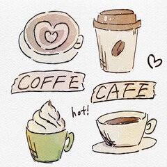 水彩 秋を彩る、コーヒーのセットのおしゃれな手描きイラスト