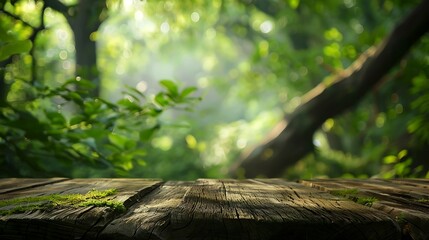 Obraz premium Empty table for product display montages in the forest of bokeh background