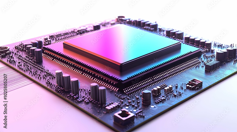 Poster close-up of a modern computer chip on a circuit board with colorful lighting