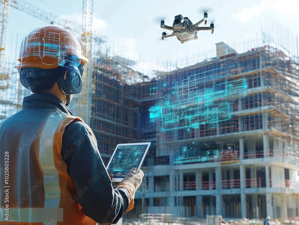 Poster a futuristic construction worker using smart technology, with workers utilizing tablets, drones, and