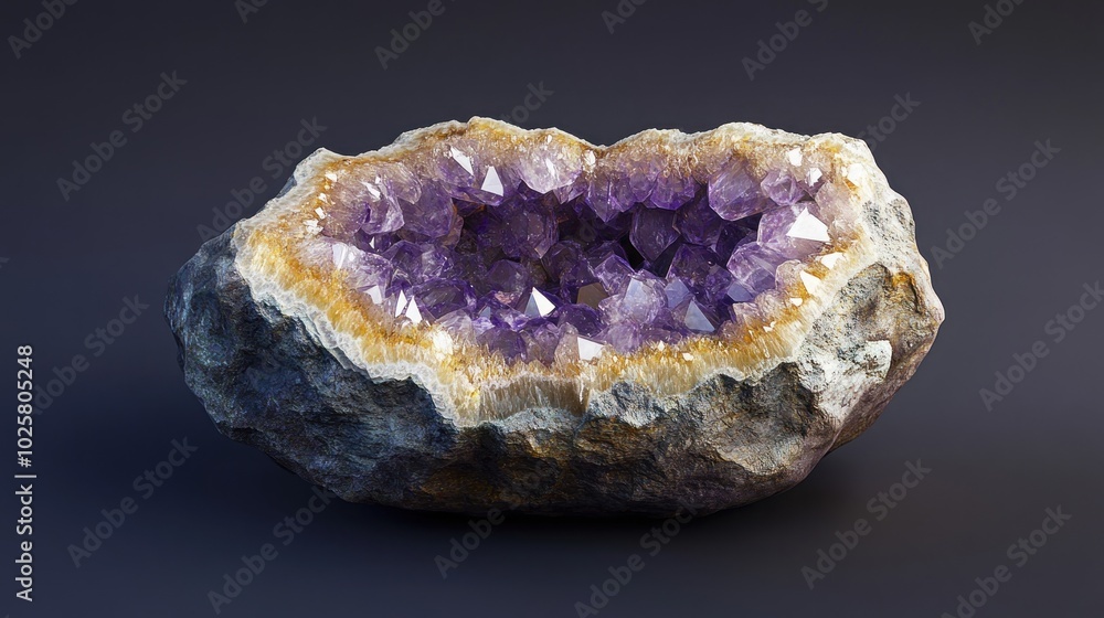 Poster a close-up of a large amethyst geode with a dark purple crystal cluster inside, a partially opened g