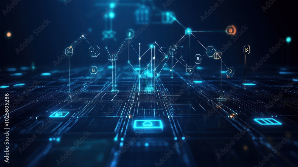 Poster a futuristic data technology background for blockchain networks, featuring interconnected digital no