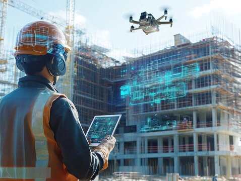 A futuristic construction worker using smart technology, with workers utilizing tablets, drones, and wearable tech to monitor progress and communicate in real time on a high-tech construction site