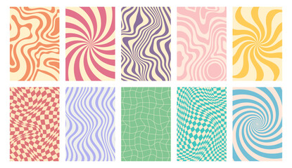 Groovy hippie 70s background set in Y2k cartoon style with distorted wave, spiral or twirl pattern, psychedelic checkerboard and retro sunburst texture. 90s y2k brutalist boho wallpaper or banner art.
