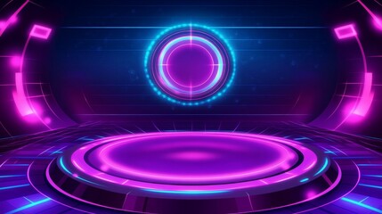 Obraz premium A vibrant, futuristic graphic featuring neon circles and lines, ideal for digital presentations or events.