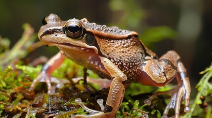 Fototapeta premium Close-up of a Brown and White Spotted Frog on Moss
