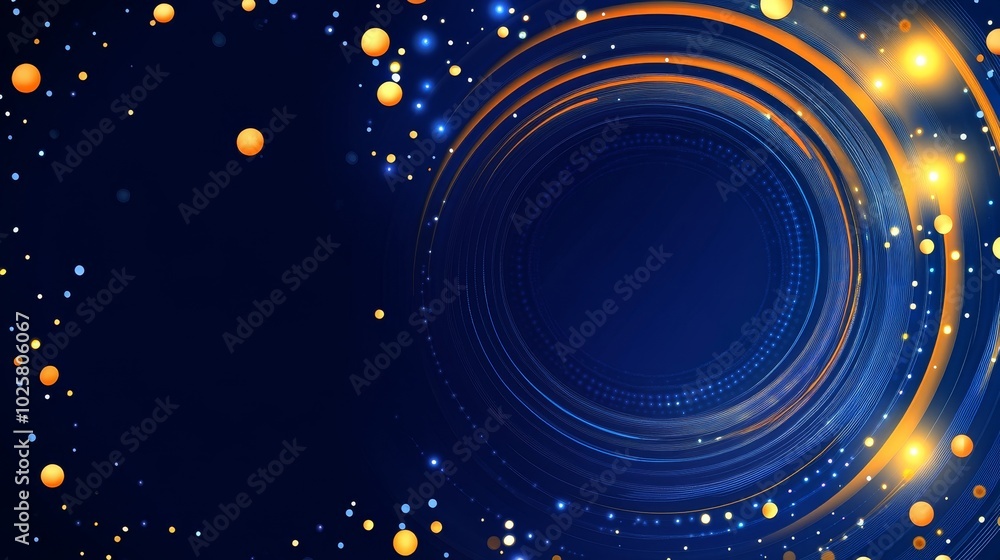 Poster abstract design featuring swirling patterns and glowing orbs on a dark background.