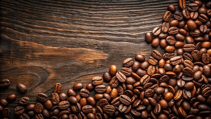 Close-up shot of fresh coffee beans on a dark wooden textured background