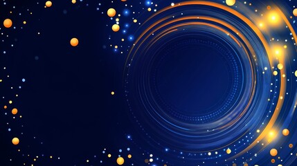 Abstract design featuring swirling patterns and glowing orbs on a dark background.