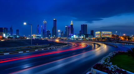 Fototapeta premium Illuminated Cityscape with Streaks of Light Trails from Traffic at Dusk