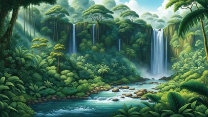 Fototapeta premium Lush tropical landscape featuring waterfalls and vibrant greenery.