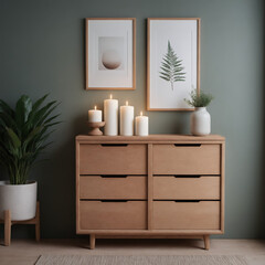 A cozy, modern interior subway lobby featuring a white maple wooden chest of drawers with a light slate gray wall colour illustration image.