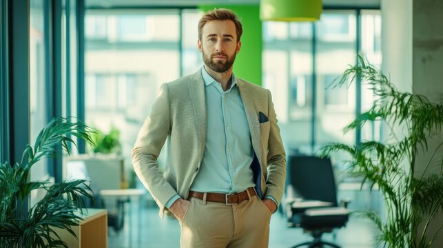 A handsome businessman in sustainable fashion, wearing eco-friendly and ethically made clothing, standing in a bright, modern office space with green accents