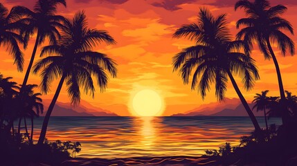 Sunset over a Tropical Ocean with Silhouetted Palm Trees