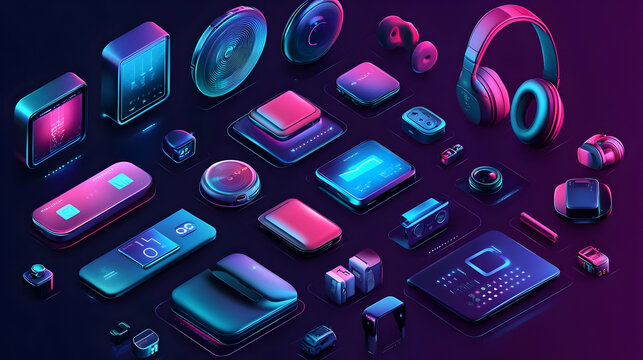 Collection of Modern Electronic Gadgets in Neon Light Creates Futuristic Technology Concept