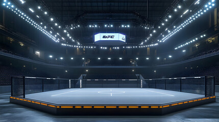 Empty Fighting Arena Stage with Bright Lights Awaits for the Ultimate Fight