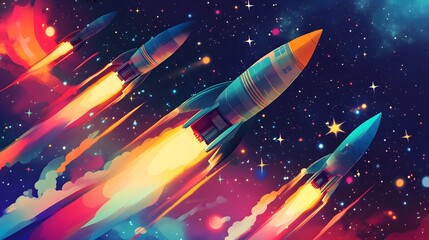 Four Spaceships Launching into a Starry Night Sky