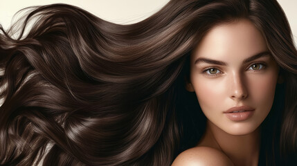 Fototapeta premium Young woman with well groomed, smooth, voluminous dark natural brown wavy hair looking straight into the camera. Can be used for premium hair dye packaging or hair salon advertising. 