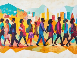 Obraz premium A hopeful path to success for marginalized communities visual, showcasing a group of diverse individuals walking together toward opportunity, with themes of inclusion, equality, and resilience