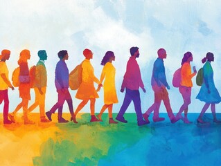 Naklejka premium A hopeful path to success for marginalized communities visual, showcasing a group of diverse individuals walking together toward opportunity, with themes of inclusion, equality, and resilience