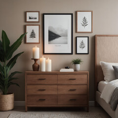 A modern interior bedroom featuring an Ebony wooden chest of drawers with a muted dark tan wall. 