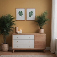 A cosy, modern interior bedroom featuring a Teak wooden chest of drawers with a muted dark yellow wall.