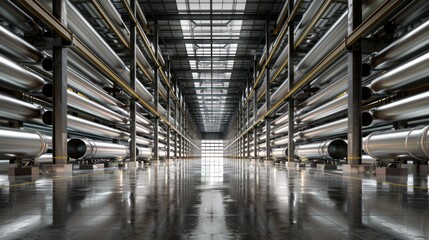 Fototapeta premium Industrial Warehouse with Rows of Shiny Metal Pipes