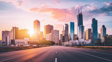 Panoramic city skyline and buildings with empty asphalt road at sunset.