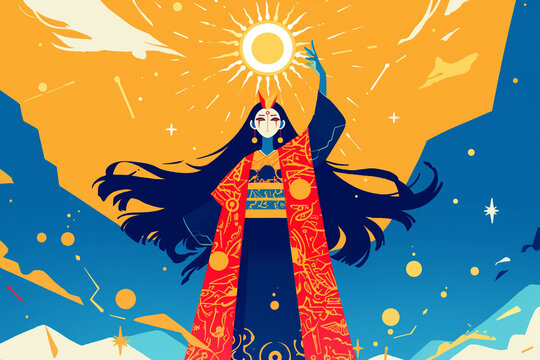 Modern Flat Illustration of Amaterasu Holding the Sun as the Goddess of the Heavens &ndash; A Simple Yet Striking Composition that Captures the Mystique and Power of Japanese Mythology