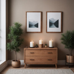 A modern interior study room featuring a Cedar wooden chest of drawers with a muted dark brown wall.