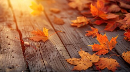 An autumn background with orange maple leaves on wooden table in sunlight