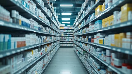 Pharmacy Aisle Filled with Medicine Products
