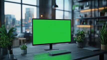 Fototapeta premium Modern Workspace with Green Screen Monitor