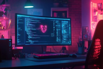 Obraz premium Cybersecurity code on screen in neon-lit workspace