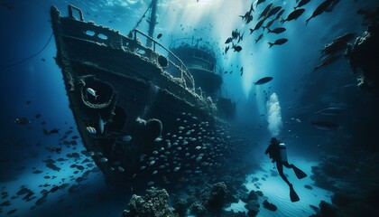 Fototapeta premium Mysteries of the Deep A Scuba Diver's Adventure