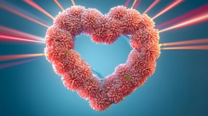 Radiant heart of intertwined flowers and flowing water with vibrant light beams