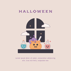 halloween cauldron and potions in front of window