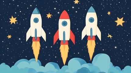 Three Rockets Launching Into a Starry Night Sky