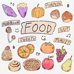 秋を彩る、食べ物のセットのおしゃれな手描きイラスト 水彩