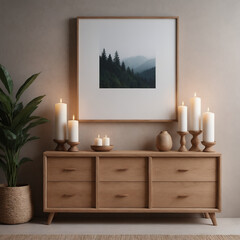 A modern interior hotel lobby featuring a Pine wooden chest of drawers with a dark ghost white wall.