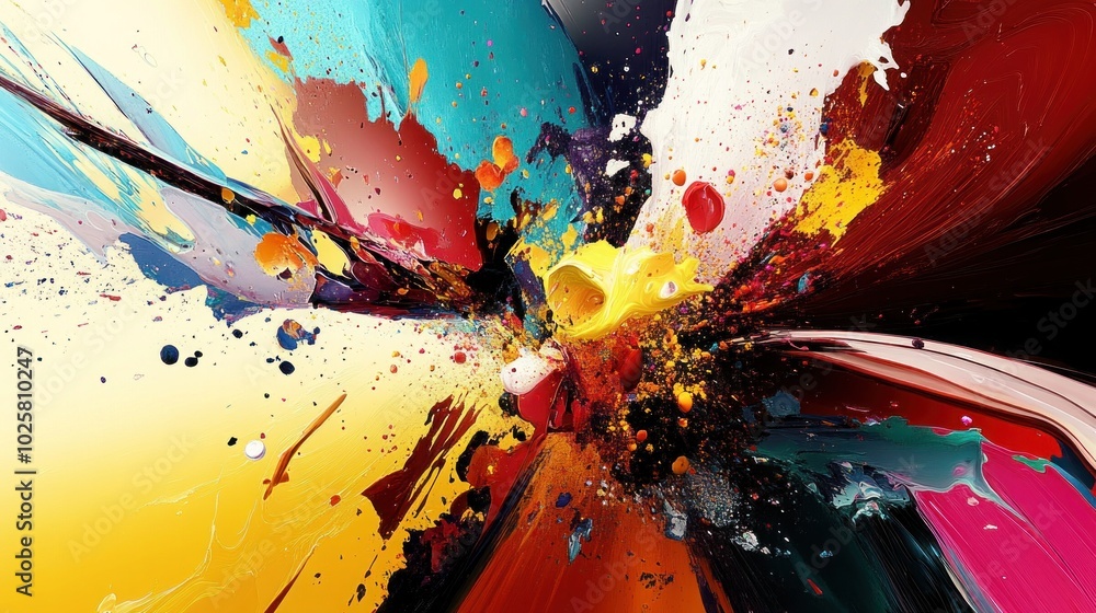 Poster abstract background with colorful paint splatters and streaks radiating outwards from a central poin