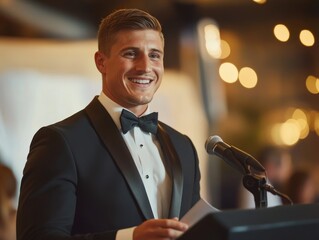 A philanthropically-minded handsome businessman, at a charity gala, wearing a tuxedo, giving a speech about his philanthropic ventures for global causes