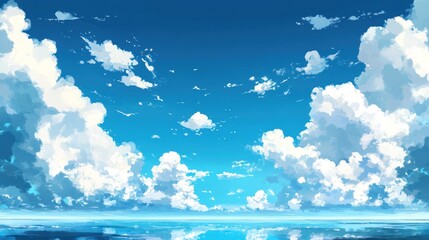 A picturesque blue sky with fluffy white clouds scattered across the horizon, creating a peaceful and balanced view of nature's beauty"