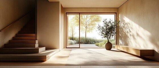 A modern Scandinavian living space with a large window, wooden floors, and a wooden cabinet near a staircase.