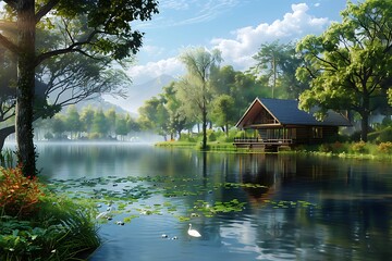 Fototapeta premium Beautiful landscape with lake and old wooden house in the mountains