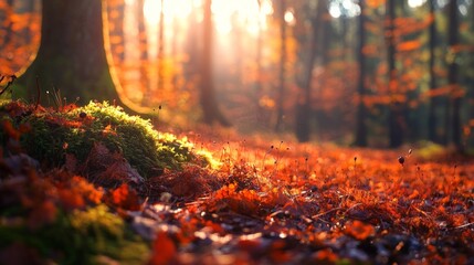 Beautiful autumn forest with vibrant orange leaves and soft sunlight shining through the trees, creating a peaceful atmosphere.