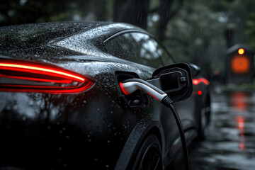 Fototapeta premium Close-up view of an electric car charging in rainy weather at a roadside station
