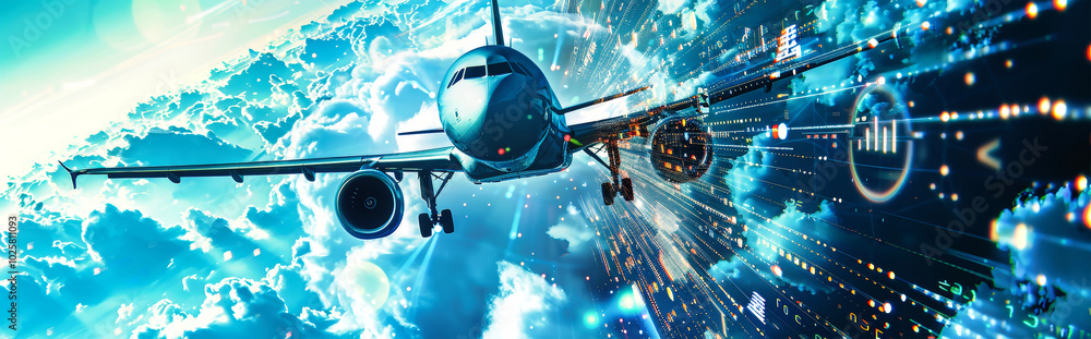 Aufkleber a digital airplane soaring through a data visualization landscape, enhancing presentations with inno